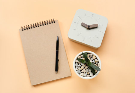 New alarm clock with houseplant and notebook on color background