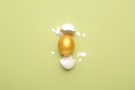 Cracked shell with golden egg on color background