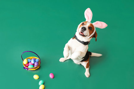 Funny Beagle dog with bunny ears and Easter eggs in basket on green backgroundの写真素材