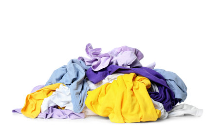 Different crumpled clothes on white backgroundの写真素材