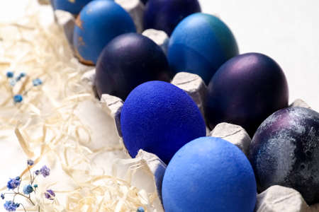 Holder with painted Easter eggs and gypsophila flowers on light background