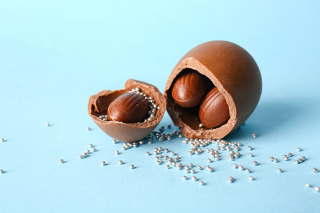 Broken chocolate Easter egg with sprinkles on blue background, closeupの写真素材
