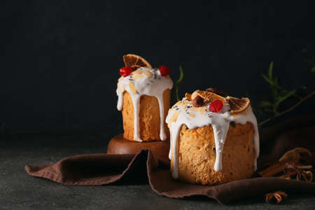 Delicious Easter cakes on black backgroundの写真素材