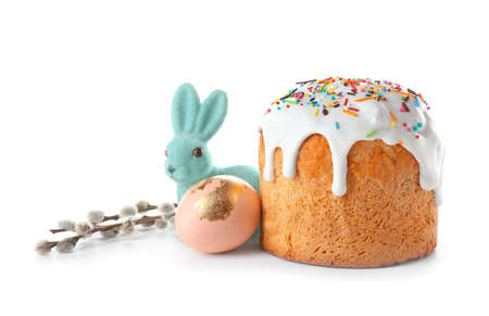 Delicious Easter cake, egg and pussy willow branches on white backgroundの写真素材
