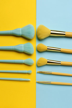 Set of different makeup brushes on color background