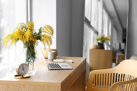 Vase with mimosa flowers and laptop on table in interior of roomの写真素材