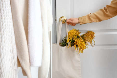 Woman opening door and bag with mimosa flowers hanging on knob in roomの写真素材