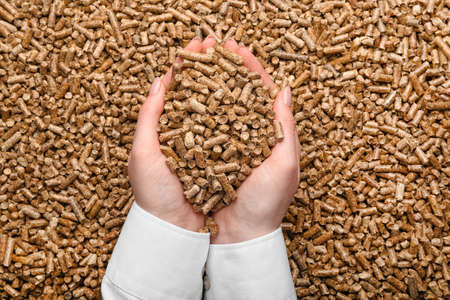 Woman holding heap of wood pellets