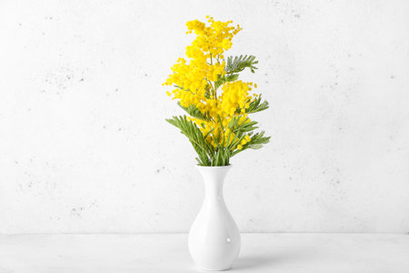 Vase with beautiful mimosa branch on light tableの写真素材