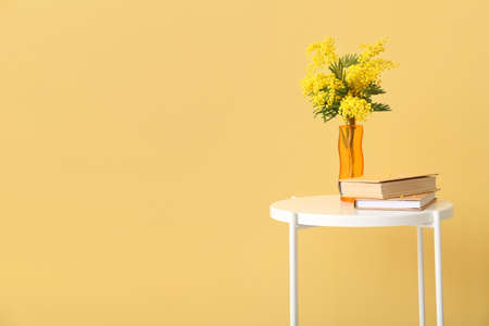 Vase with beautiful mimosa branches and books on table near color wall in roomの写真素材