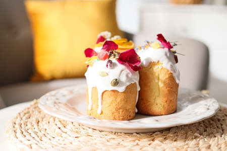 Delicious Easter cakes on table, closeup