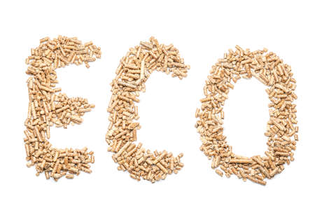 Word ECO made of wood pellets on white background