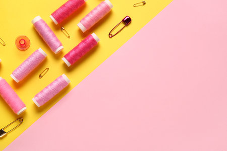 Thread spools and pins on color backgroundの写真素材