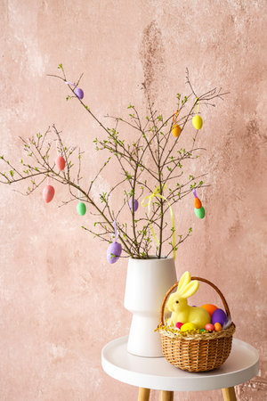 Vase with tree branches, basket with Easter eggs and rabbit on table near color wall