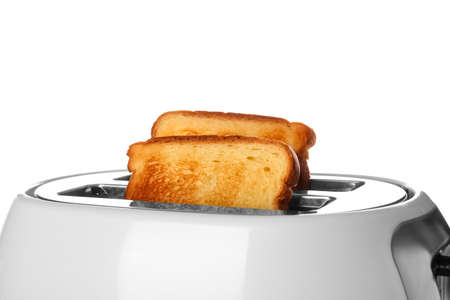 Modern toaster with bread slices on white background