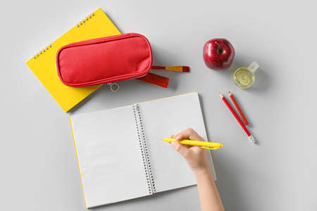 Child's hand with pen, blank notebook, bottle of sanitizer, apple and stationery on white background