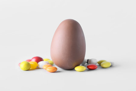 Delicious chocolate egg and candies on light background