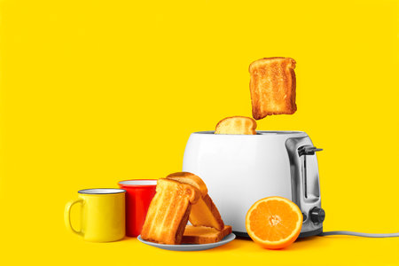 Modern toaster with bread slices, cups and orange on yellow backgroundの写真素材