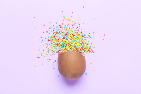 Delicious chocolate egg with sprinkle filling on purple background