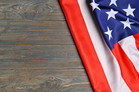USA flag on wooden background with space for text