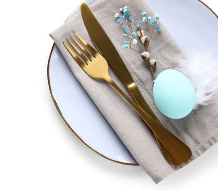 Stylish table setting for Easter celebration on white background, top view