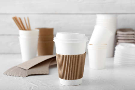 Takeaway paper cup on tableの写真素材