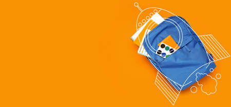 Drawn rocket with school backpack and stationery on orange background with space for text