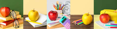 Collage with school stationery and applesの写真素材