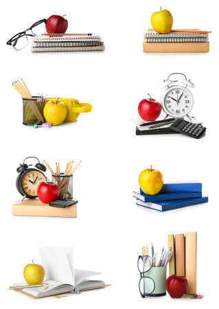 Set of school stationery with apples isolated on whiteの写真素材