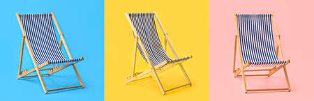 Set of deck chairs on colorful backgroundの写真素材