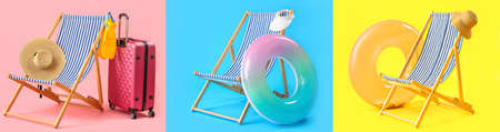 Set of deck chairs with beach accessories on colorful background