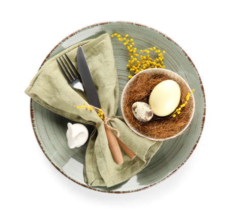 Stylish table setting for Easter celebration on white background, top view