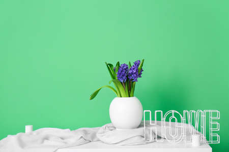 Vase with beautiful flowers and word HOME on table near color wallの写真素材