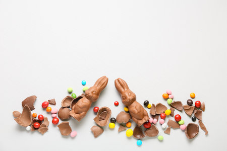 Composition with chocolate Easter bunnies, broken eggs and candies on light backgroundの写真素材