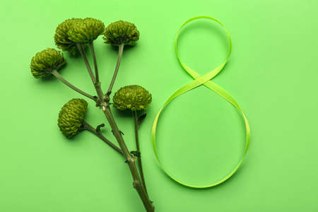 Beautiful chrysanthemum flowers and figure 8 made of ribbon on color background. International...