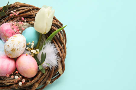 Nest with painted Easter eggs and flowers on blue backgroundの写真素材