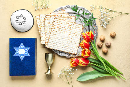 Passover Seder plate with matza, tulip flowers, Torah, kippah and cup on color background