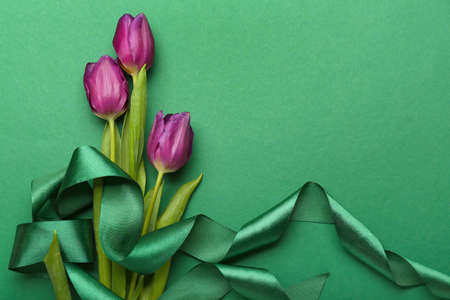 Composition with ribbon and flowers for International Women's Day celebration on green backgroundの写真素材