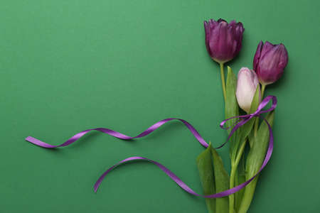 Composition with ribbon and flowers for International Women's Day celebration on green backgroundの写真素材