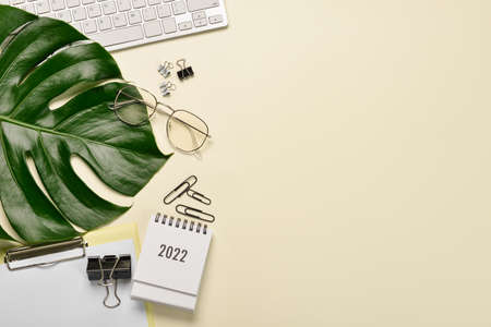 Modern keyboard, calendar, eyeglasses and tropical leaf on yellow background