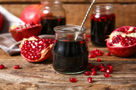 Jar of pomegranate molasses on wooden backgroundの写真素材