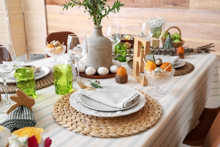 Stylish dinnerware on table served for Easter celebrationの写真素材