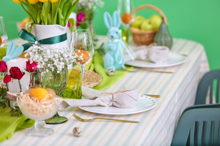 Plate with Easter egg in napkin on served table