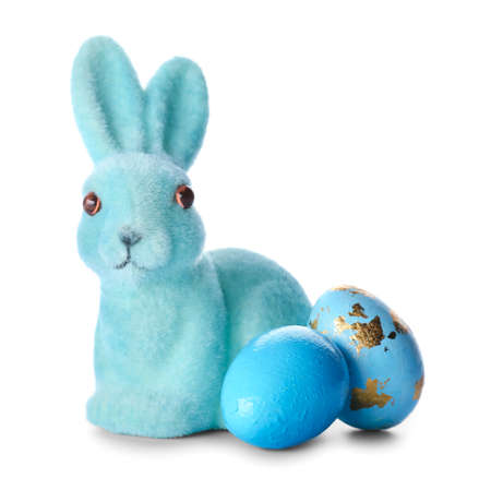 Cute Easter bunny and painted eggs on white backgroundの写真素材