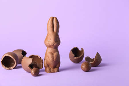 Easter chocolate bunny and eggs on lilac background