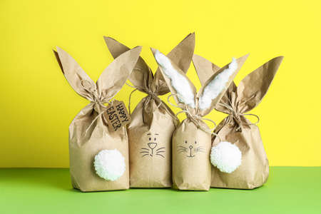 Paper bags bunny on color backgroundの写真素材