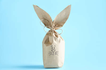 Paper bag bunny on color backgroundの写真素材