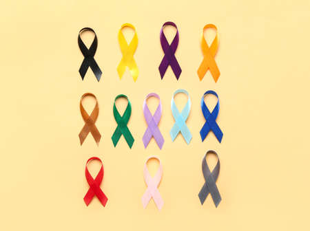 Set of awareness ribbons on color background. world cancer day conceptの写真素材