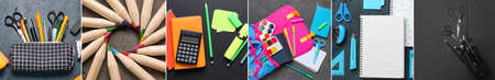 Collage of school supplies on dark background, flat layの写真素材