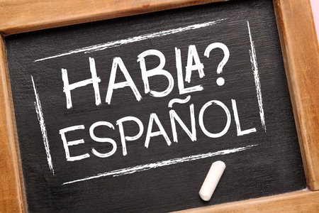 Chalkboard with text HABLA ESPANOL? (DO YOU SPEAK SPANISH?), closeupの写真素材